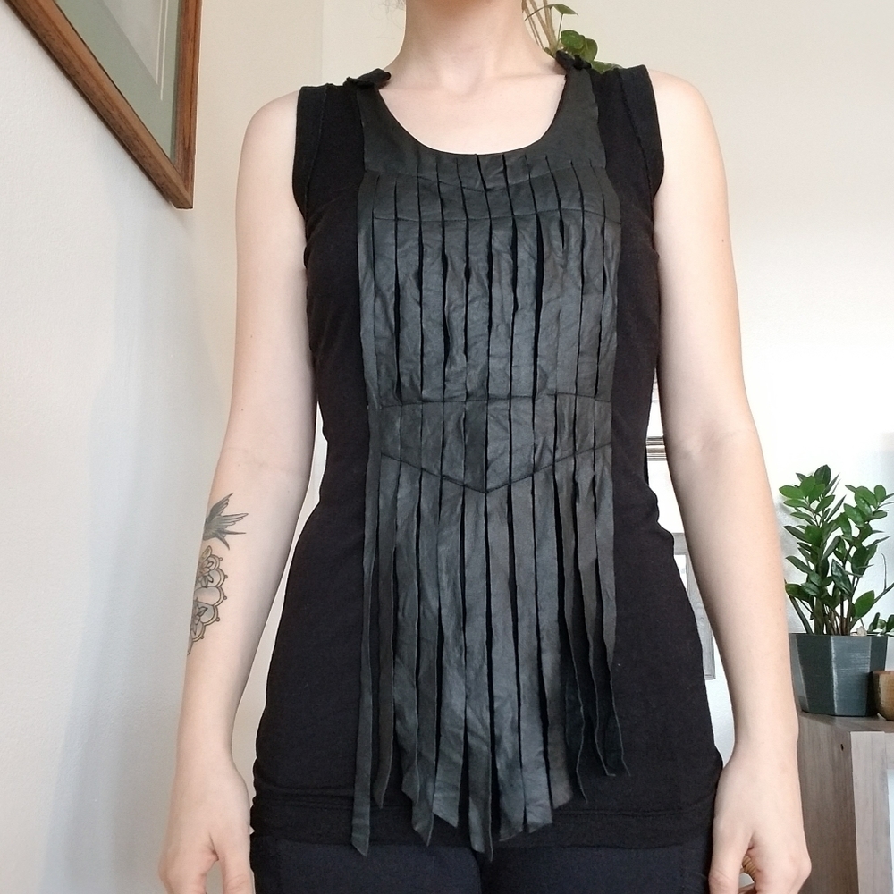 L.A.M.B. Faux Leather Fringe Black Tank